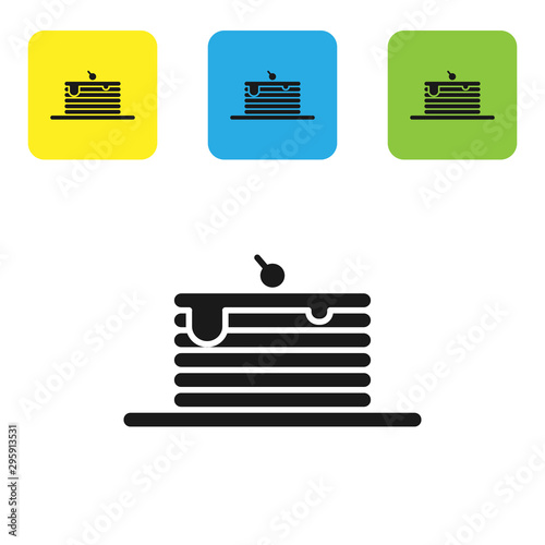 Black Stack of pancakes icon isolated on white background. Baking with syrup and cherry. Breakfast concept. Set icons colorful square buttons. Vector Illustration