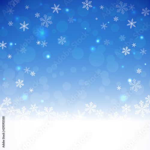 Christmas holiday background. Christmas evening. Snowfall .Bokeh  sparkles and snowflakes.Blue night background. Eps 10