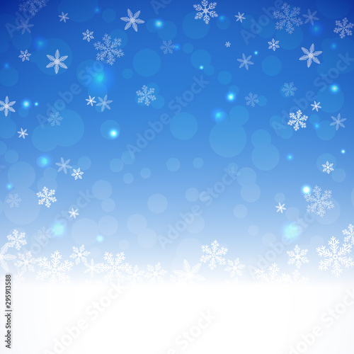 Christmas holiday background. Christmas evening. Snowfall .Bokeh, sparkles and snowflakes.Blue night background. Eps 10