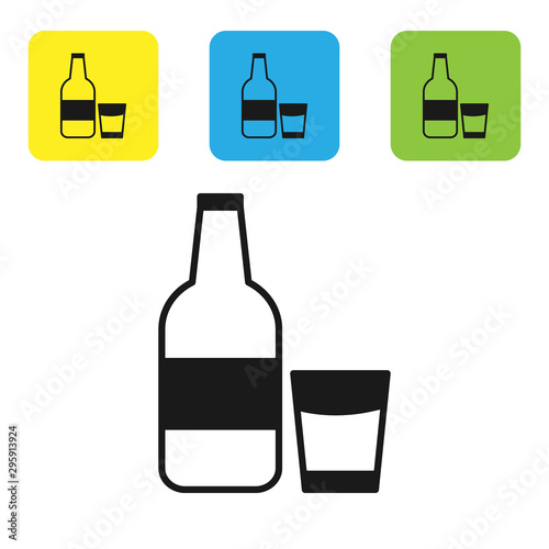 Black Closed glass bottle with milk and glass icon isolated on white background. Set icons colorful square buttons. Vector Illustration