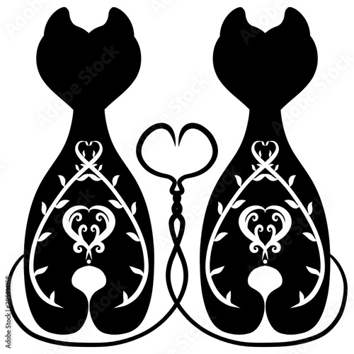 black silhouettes of cats in love with a romantic pattern
