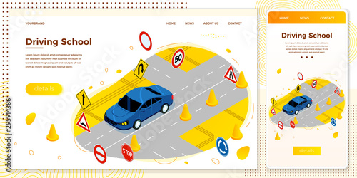 Vector Driving school, road with signs and cones