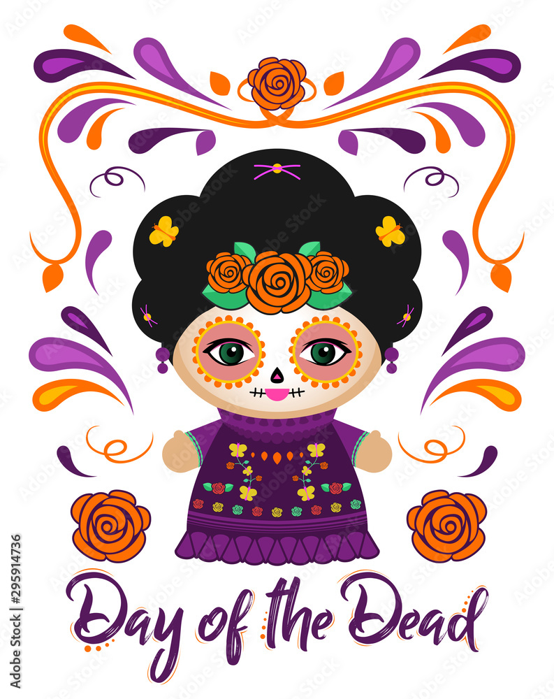 Day of the Dead Classic Mexican Catrina Doll and ornaments vector