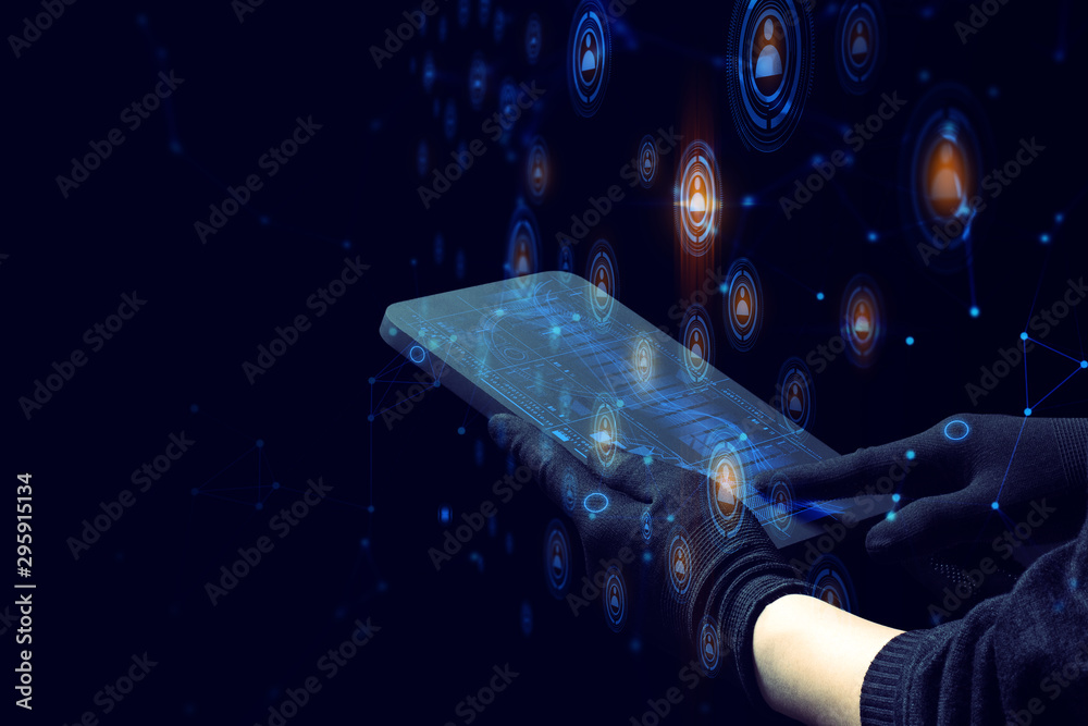 Naklejka premium hand with ai data connect to social network for libra bitcoin money crypto currency trade business application concept, digital asset risk financial
