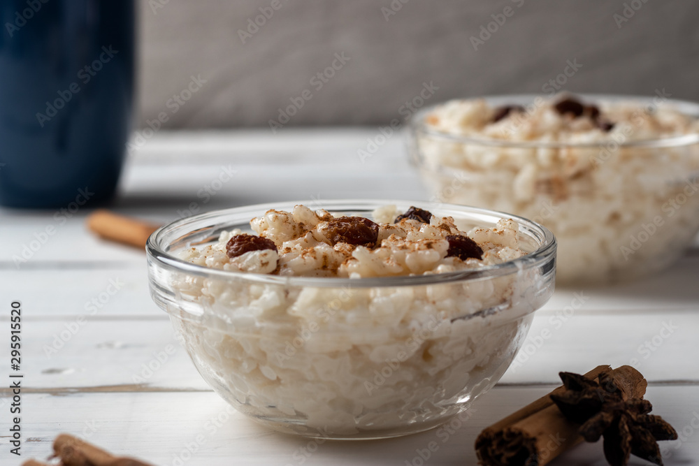 Delicious peruvian dessert arroz con leche, rice with milk, cinnamon and rises Delicious peruvian dessert arroz con leche, rice with milk, cinnamon and rises