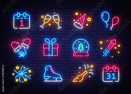 Big collectin New Year neon signs. Happy New Year Neon Icons Vector. Merry Christmas icons lights design template, modern trend design, night light signboard, night bright advertising. Vector