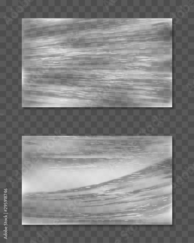Stretched cellophane banner, realistic crumpled or folded texture vector illustration. Clear transparent polyethylene top of plastic container, tape or elastic wrapping paper for food or snacks bag