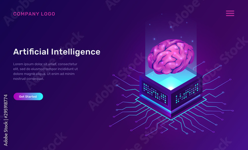 Artificial intelligence or ai isometric concept vector illustration. Virtual human brain over luminous server and connections, future technology icons isolated on ultraviolet banner