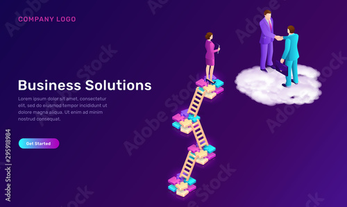 Business solution and agreement level isometric concept vector illustration. Two businessmen on cloud shake hands, female assistant on wooden stair, successful deal conclusion, cooperation development