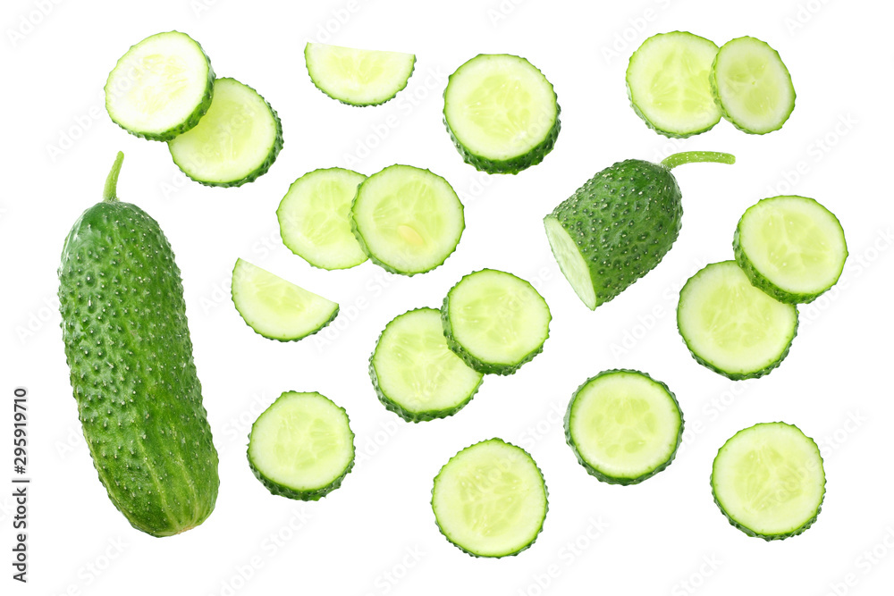fresh cucumber slices isolated on white background. top view fresh cucumber slices isolated on white background. top view