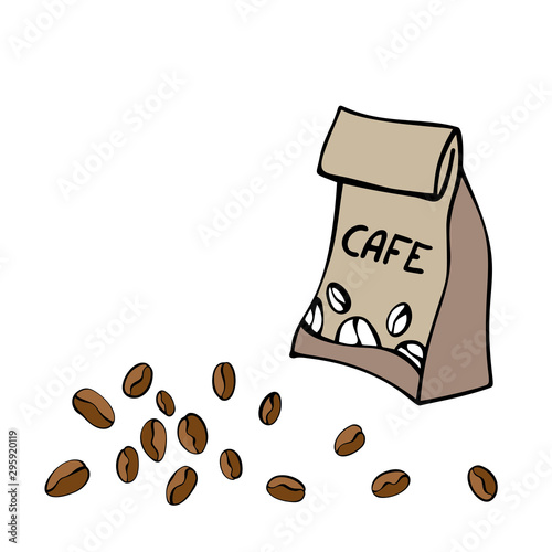 Colorful Coffee sack and coffee beans. Craft paper bag with coffee beans. Isolated on white. Traditional coffe package. Hand drawn style. Line art color sketch. Vector illustration