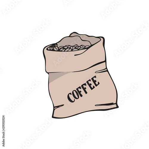 Coffee sack. Canvas bag with coffee beans. Isolated on white. Traditional coffe package. Hand drawn style. Line art sketh. Colorful vector illustration