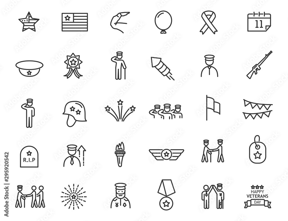 Set of linear Veterans Day icons. Military icons in simple design. Vector illustration - obrazy, fototapety, plakaty 