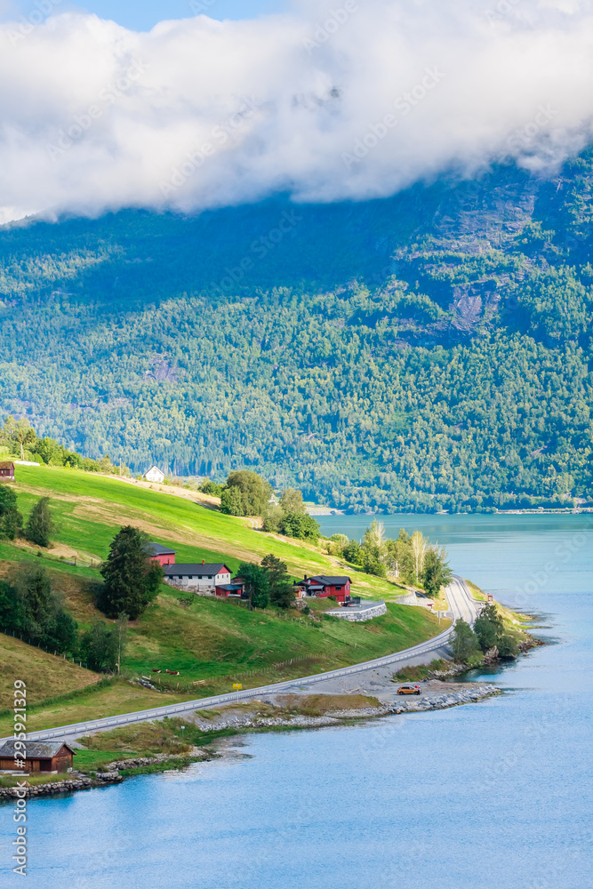 Small houses at Olden, Norway.Olden is a village and urban area in the municipality of Stryn in Sogn og Fjordane county, Norway.