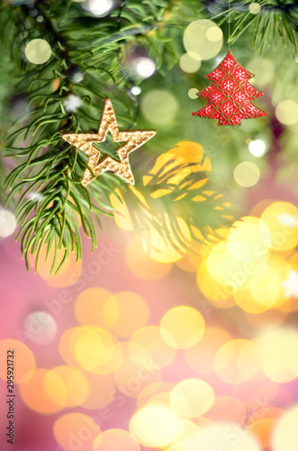 Christmas tree background and Christmas decorations with star blurred  sparking  glowing. Happy New Year and Xmas theme