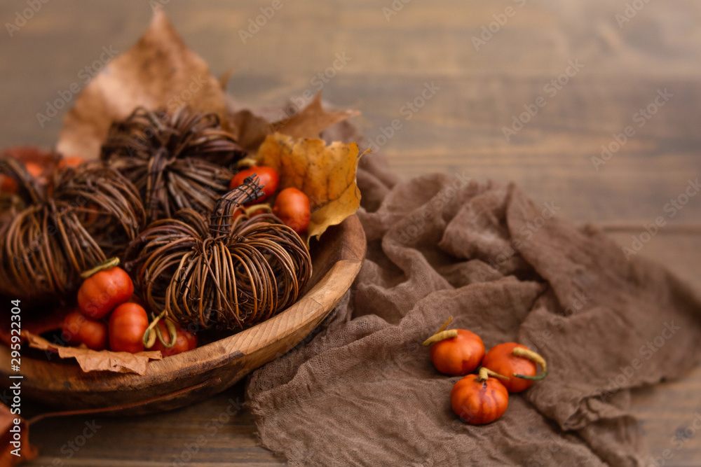 Rustic Fall Table Centerpiece; Brown Twig Pumpkins and Small Orange Pumpkins in Wooden Bowl