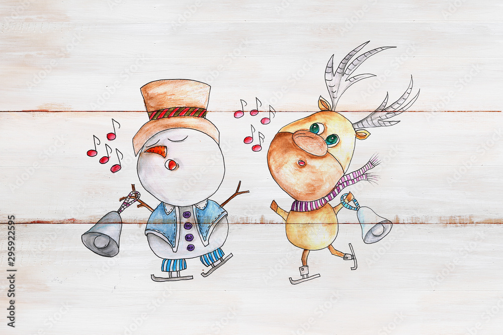 Christmas card depicting a reindeer and a snowman with bells on a wooden rustic background