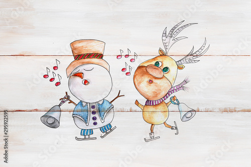 Obraz na płótnie Christmas card depicting a reindeer and a snowman with bells on a wooden rustic background w salonie