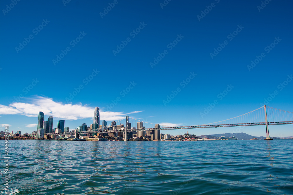Skyline of San-Francisco and bridge to Treasure Island. San Francisco – Oakland Bay Bridge
