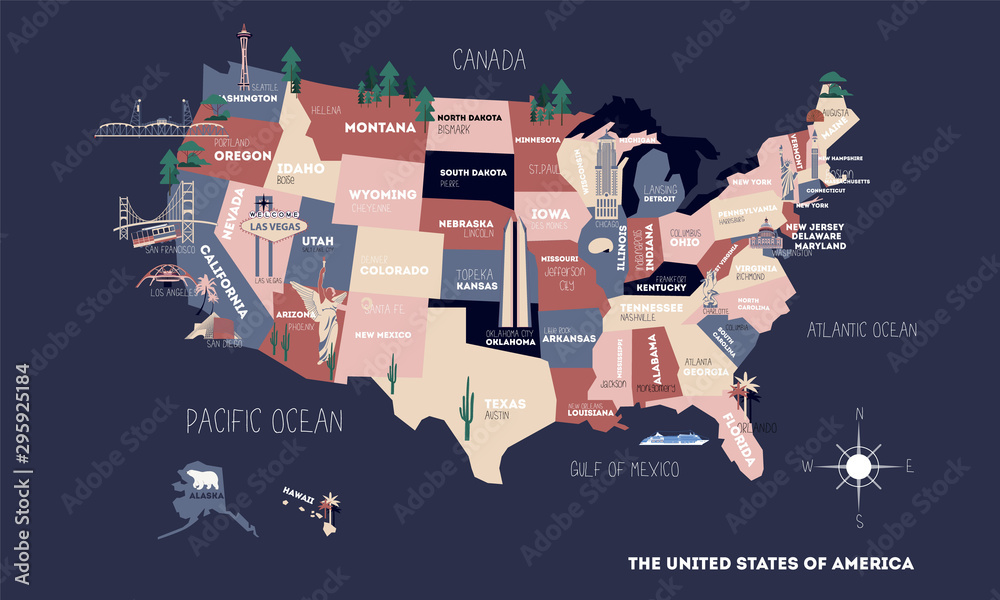 Poster map of United States of America with state names. USA cartoon travel  map vector illustration of geographic themes with landmarks, cities,  roadmap. Infographic concept with country navigator. Stock Vector | Adobe