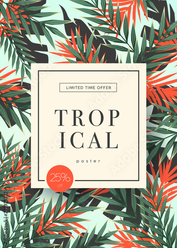 Bright tropical background with jungle plants. Exotic pattern with tropical leaves