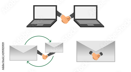 a collection of symbols shaking hands of a two-party agreement. agreement to use shared email. work relationship using a laptop. hyperbole laptop shaking hands. social hardware connection.