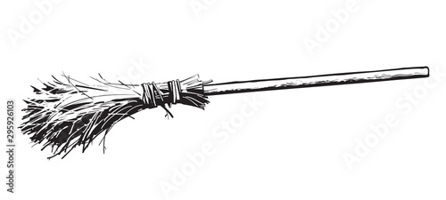 Old broomstick. Halloween which magic broom. Hand drawn black and white sketch style vector illustration. photo