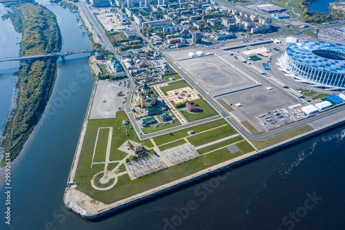 Aerial View of Alexander Nevsky Cathedral and a sports stadium in Nizhny Novgorod, vintage warehouses 