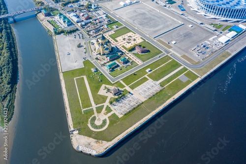 Aerial View of Alexander Nevsky Cathedral and a sports stadium in Nizhny Novgorod, vintage warehouses 