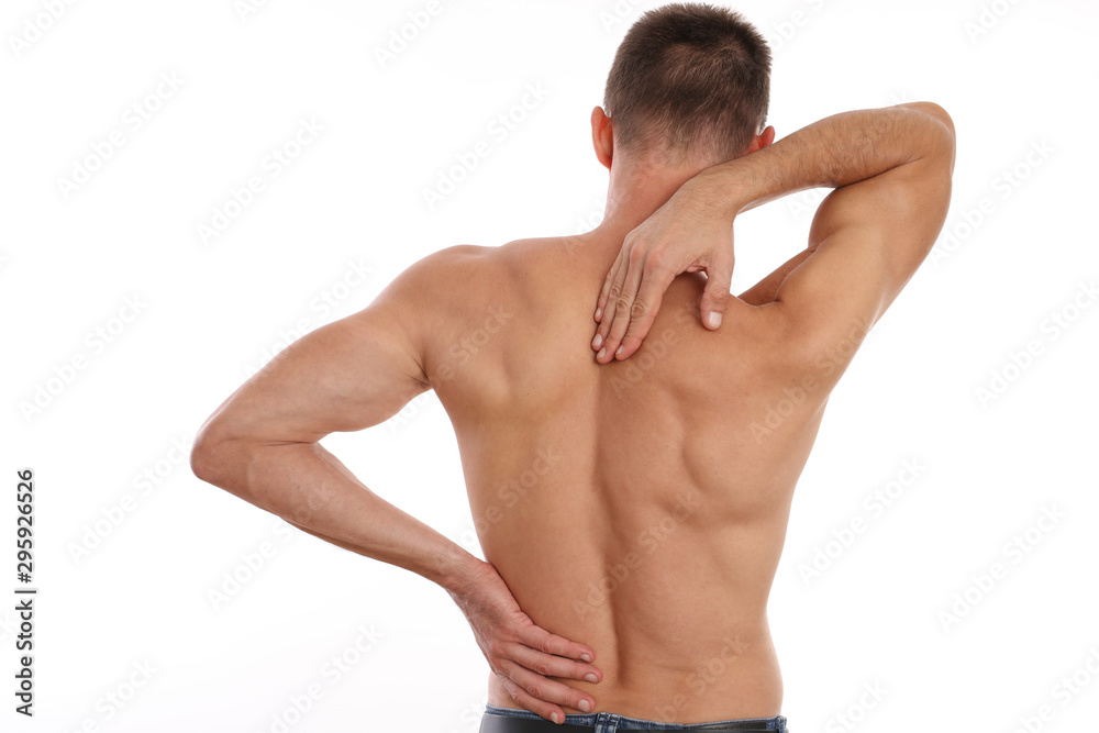 Man suffering from back and neck pain. Muscle spasm, .Chiropractic concept. Sport exercising injury