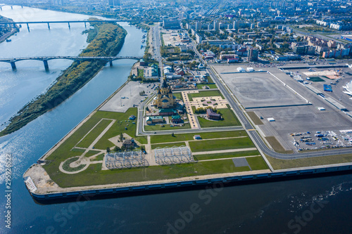 Aerial View of Alexander Nevsky Cathedral and a sports stadium in Nizhny Novgorod, vintage warehouses 