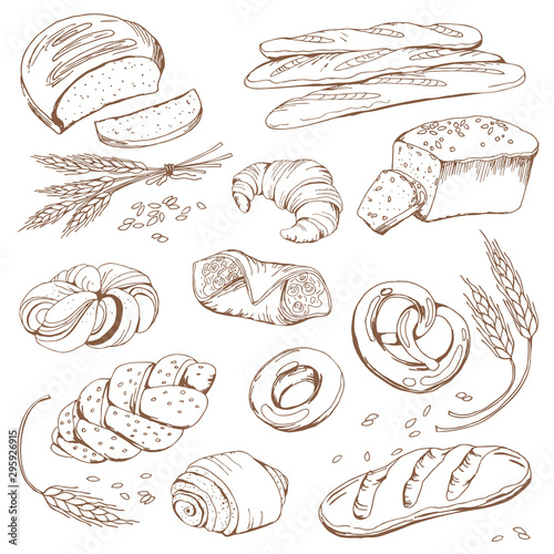 Set of different bread, outline baguette, loaf, bread, sweet rolls, wheat for the menu, bakery, cafe.