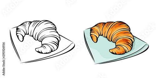  Croissant lies on a napkin, monochrome and color version, for a cafe, bakery, menu, logo and any of your design.