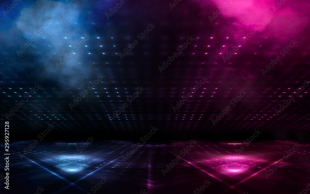 Fototapeta premium Dark empty scene, blue and pink neon light, spotlight, smoke, night view, rays. Night view. Dark futuristic neon background
