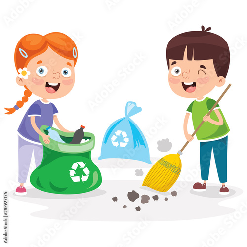 Little Children Cleaning And Recycling Garbage