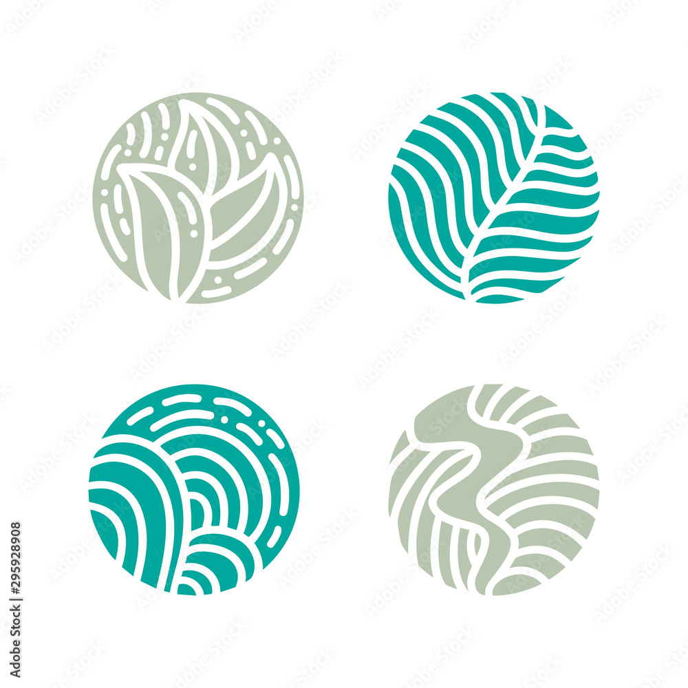 Set of round bio emblem in a circle linear style. Tropical plant green leaf logo. Vector abstract badge for design of natural products, cosmetics, ecology concepts, spa, yoga Center Set of round bio emblem in a circle linear style. Tropical plant green leaf logo. Vector abstract badge for design of natural products, cosmetics, ecology concepts, spa, yoga Center
