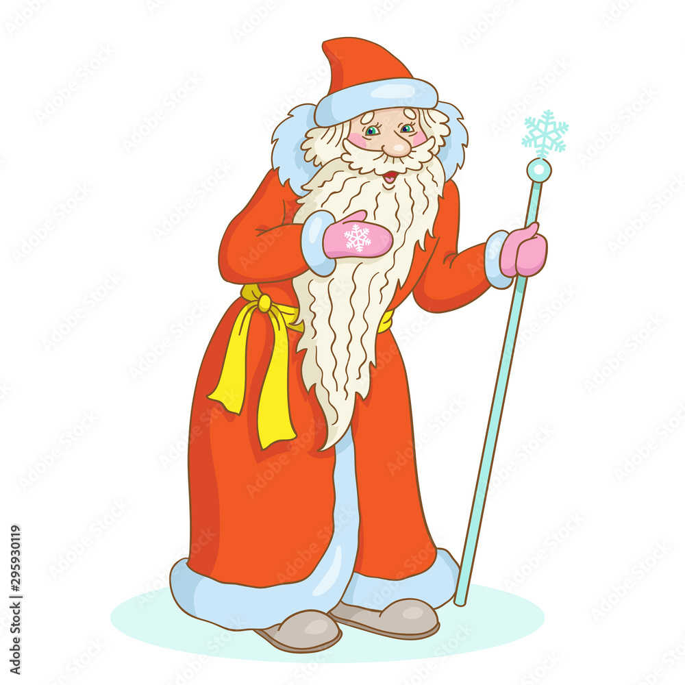 Funny Santa Claus in a red coat with a magic cane. In cartoon