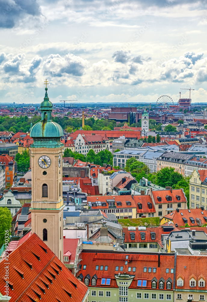 An aerial view of Munich, Bavaria, Germany on a cloudy day.