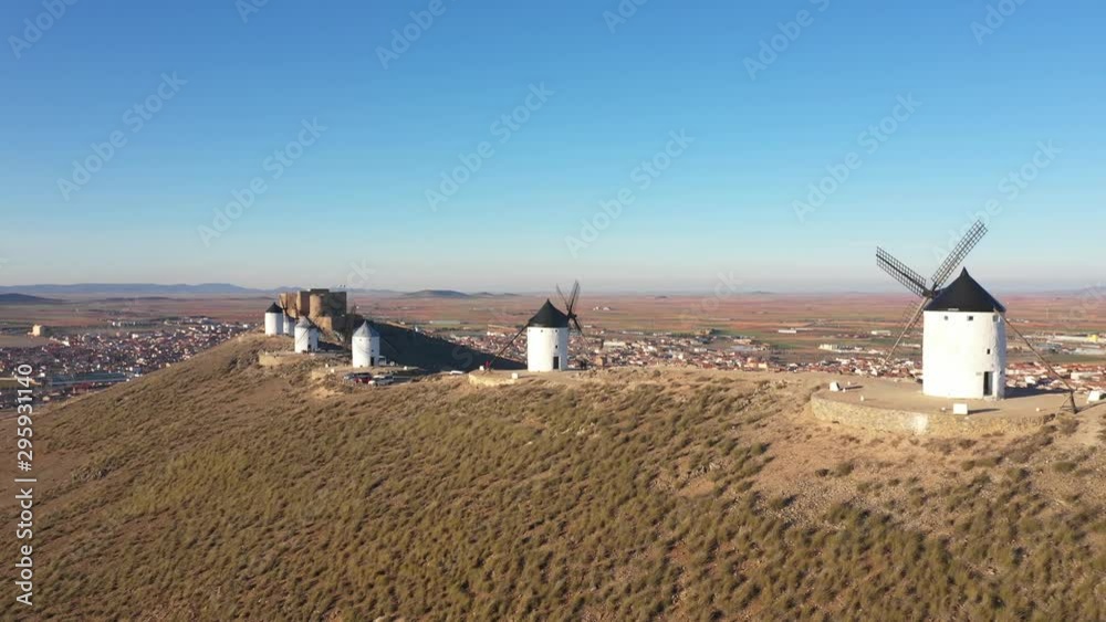 Drone view of Windmills in Spain, La Mancha, Toledo