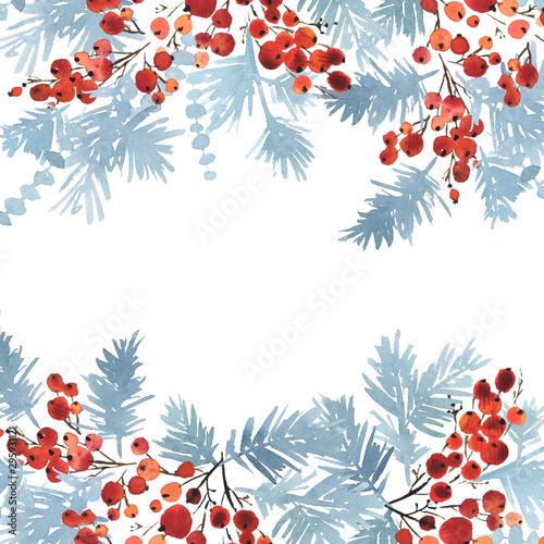 Watercolor Christmas arranging of spruce in blue and red holly berries