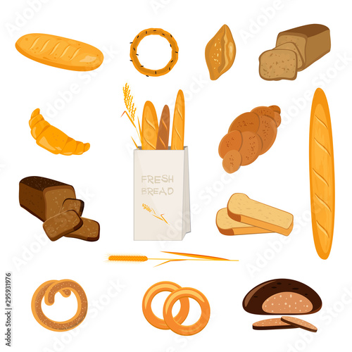 Set of bakery products. Wheat, rye and whole grain bread. Pretzel and bagel, ciabatta and muffin, croissant and French baguette, long loaf and toasts