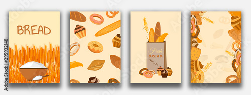 Set of banner with bakery products. Wheat, rye and whole grain bread. Pretzel and bagel, ciabatta and muffin, croissant and French baguette, long loaf and toasts