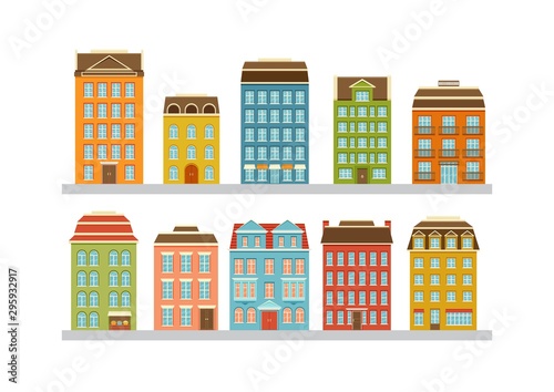 Set of modern multi-storey buildings. Residential houses of the city. Home facade with doors, windows and balcony