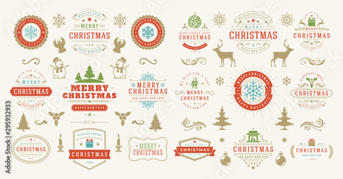 Christmas and happy new year wishes labels and badges set vector illustration