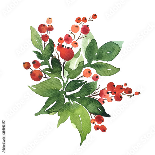 Christmas watercolor bouquet arranging with holly berries and green leaves, isolated on white