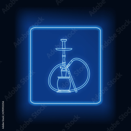 Neon rectangle frame with hookah. Glowing signboard design