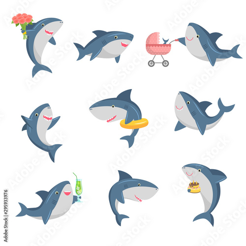 A set of cute cartoon shark in different actions. Vector illustration in flat cartoon style.
