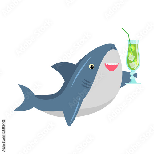 Cute shark with a green cocktail. Vector illustration isolated on white background.