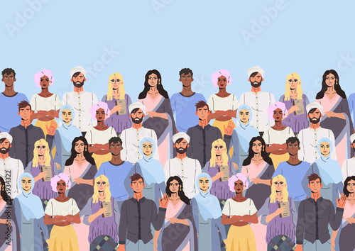 Treandy seamless pattern for textile, fabric and wrapping paper print with multicultural multiethnic high school and graduate students, coworkers, friends and teammate. Group of diverse people.