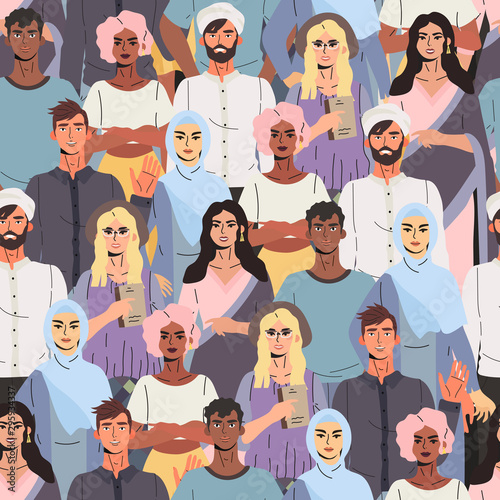 Seamless pattern for textile, fabric and wrapping paper print with multicultural multiethnic group of high school and graduate students, colleagues and friends. Vector illustartion of diverse people.